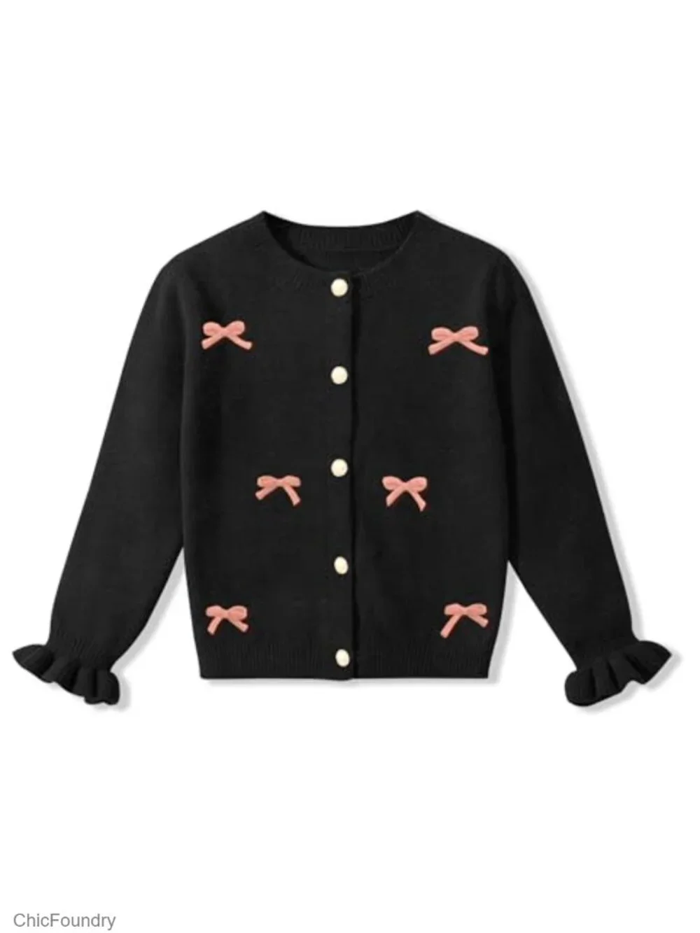 Knit Ruffle Sleeve Cardigan Sweater with 3D Bow Button Down